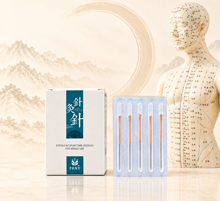 Aiguilles d'acupuncture Tony stériles, manche en cuivre - siliconées avec tube de guidage - Boîte de 500
